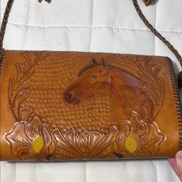 Tooled Leather Purse Shoulder Bag Horse Floral Adjustable Strap - Picture 9 of 9